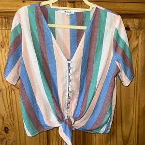 Madewell striped shirt sleeve tie front button down shirt. SZ Petite Large. EUC